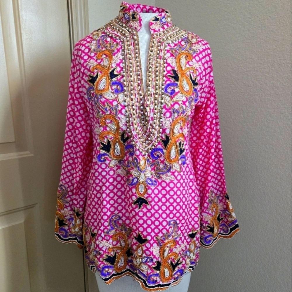 TAJ by Sabrina Crippa resort wear beaded embroidered pink silk tunic M